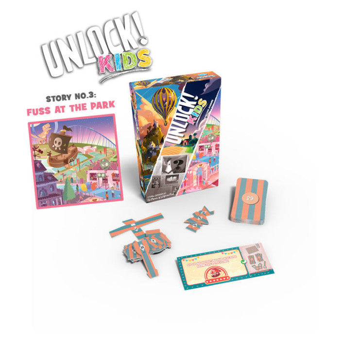 Unlock! Kids game components on a white background