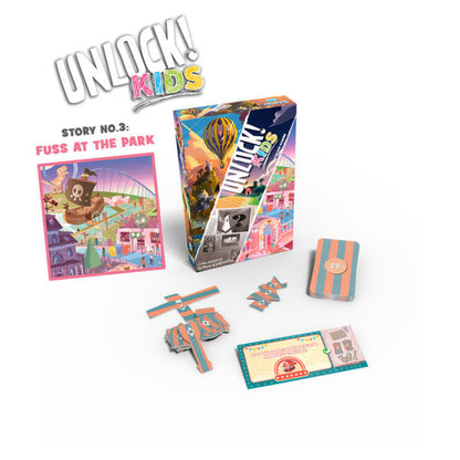 Unlock! Kids game components on a white background
