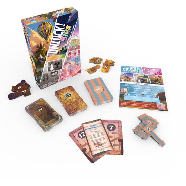 Unlock! board game components including cards, pieces, and box on a white background