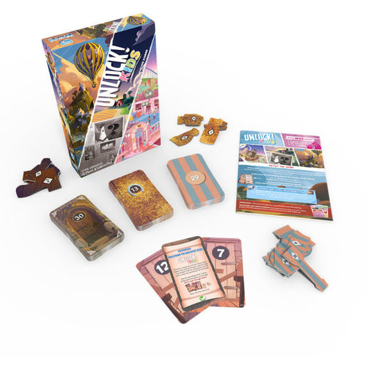 Unlock! board game components including cards, pieces, and box on a white background