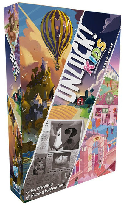 Colorful box of 'Unlock! Kids' board game with illustrations and text.