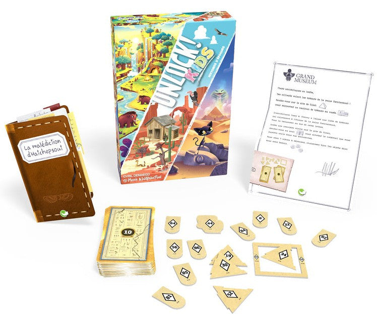 Board game components including cards, a box, and printed instructions on a white background