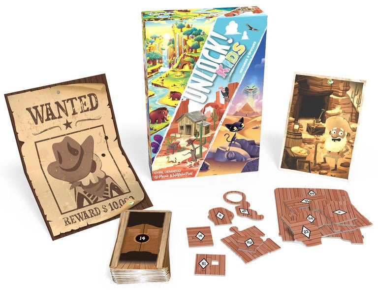 Board game components including cards and a wanted poster on a white background