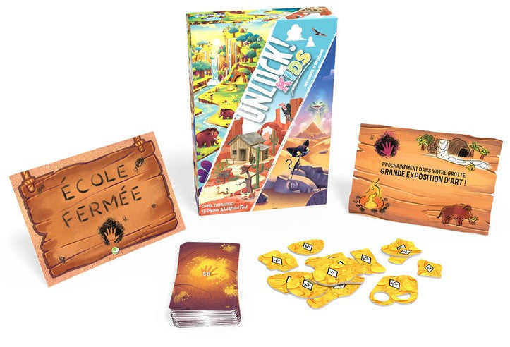 Board game components including cards and wooden pieces on a white background