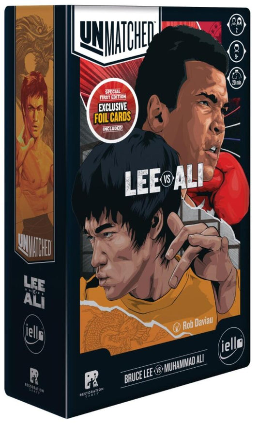 Box for 'Unmatched' Bruce Lee vs Muhammad Ali collectible card game featuring artwork of Bruce Lee and Muhammad Ali.