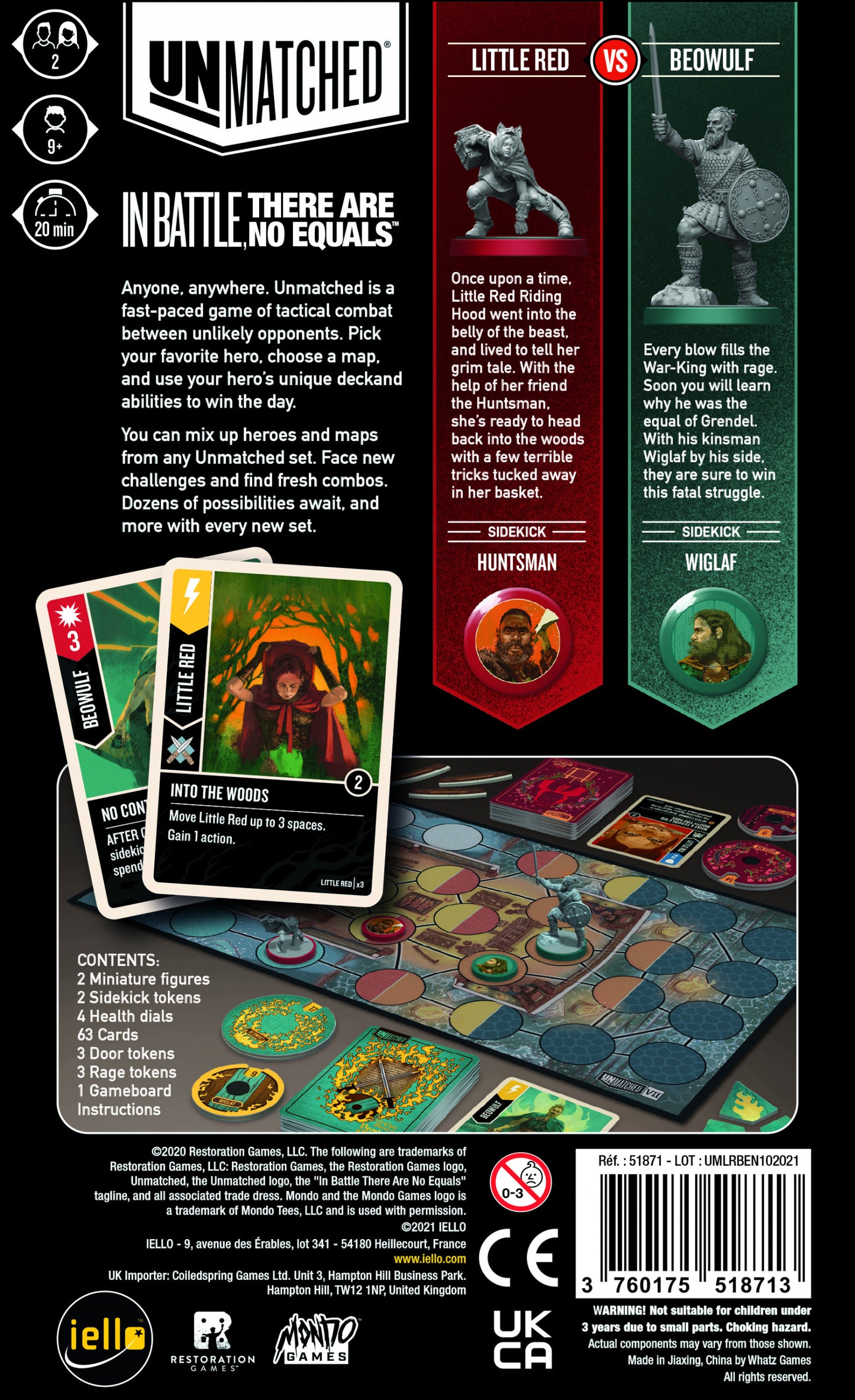 Unmatched board game packaging with cards, figures, and game components on a black background.