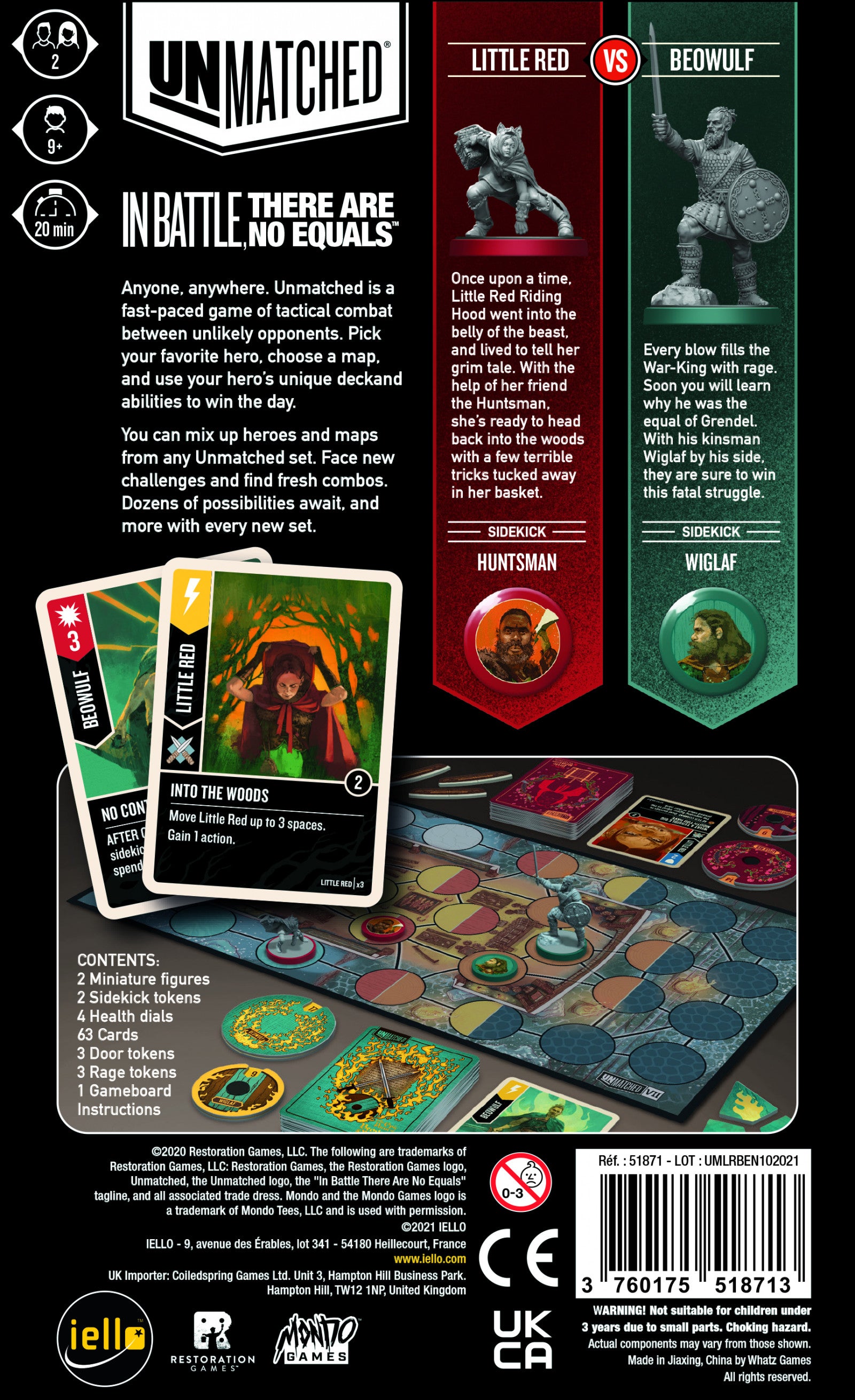 Unmatched board game packaging with cards, figures, and game components on a black background.