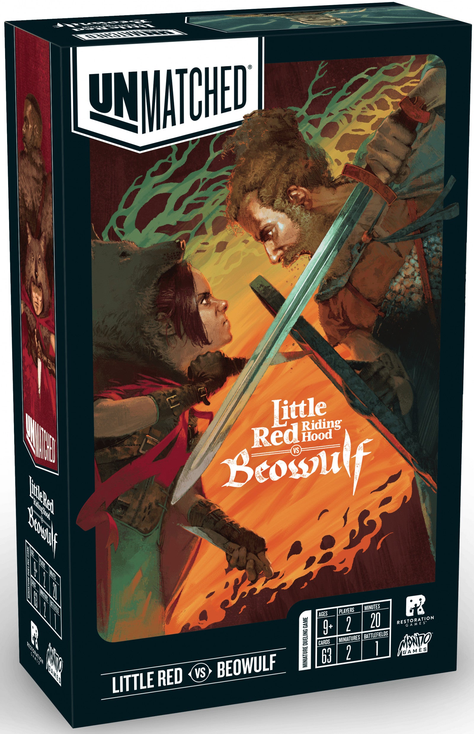 Board game box featuring 'Little Red Riding Hood' vs 'Beowulf' with 'Unmatched' branding.