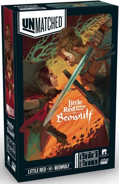 Board game box featuring 'Little Red Riding Hood' vs 'Beowulf' with 'Unmatched' branding.