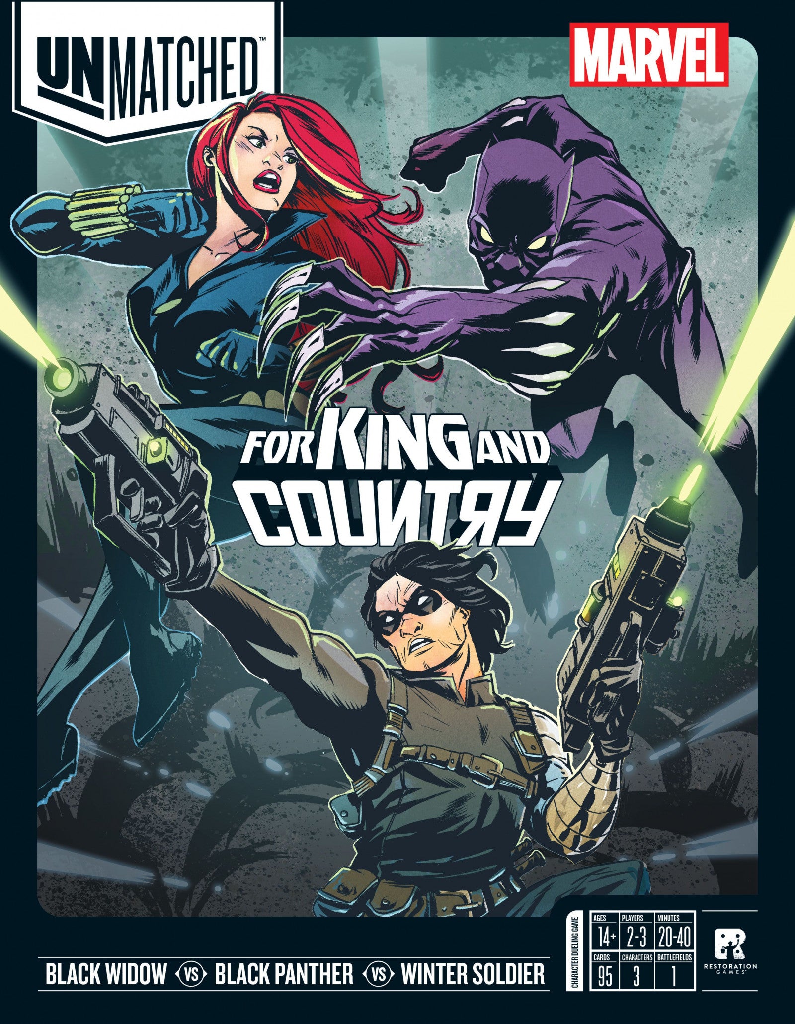 Unmatched board game cover featuring Black Widow, Black Panther, and Winter Soldier with Marvel branding.