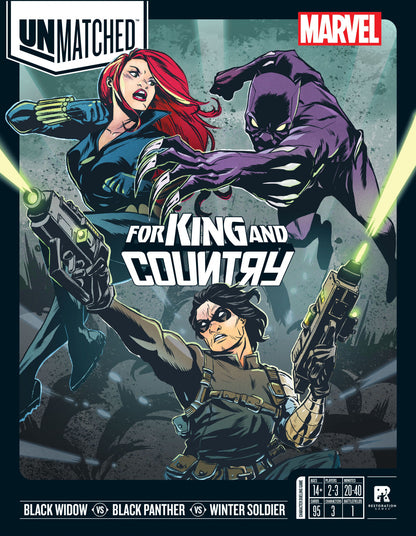 Unmatched board game cover featuring Black Widow, Black Panther, and Winter Soldier with Marvel branding.