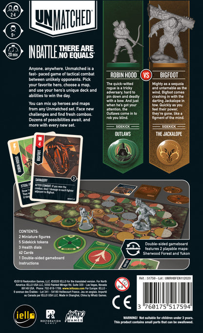 Back cover of a board game packaging with game pieces, cards, and text.