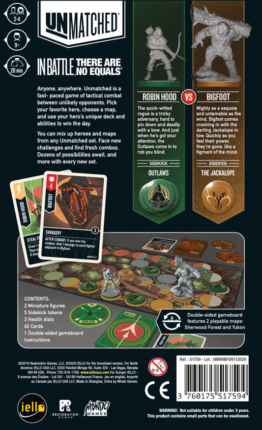 Back cover of a board game packaging with game pieces, cards, and text.