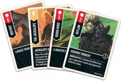 Four playing cards with different characters and text on a white background