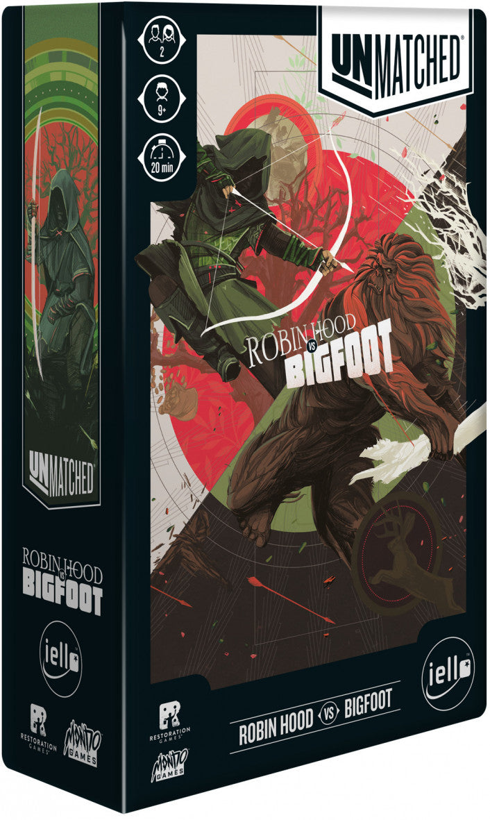 Board game box featuring Robin Hood and Bigfoot with 'Unmatched' branding.