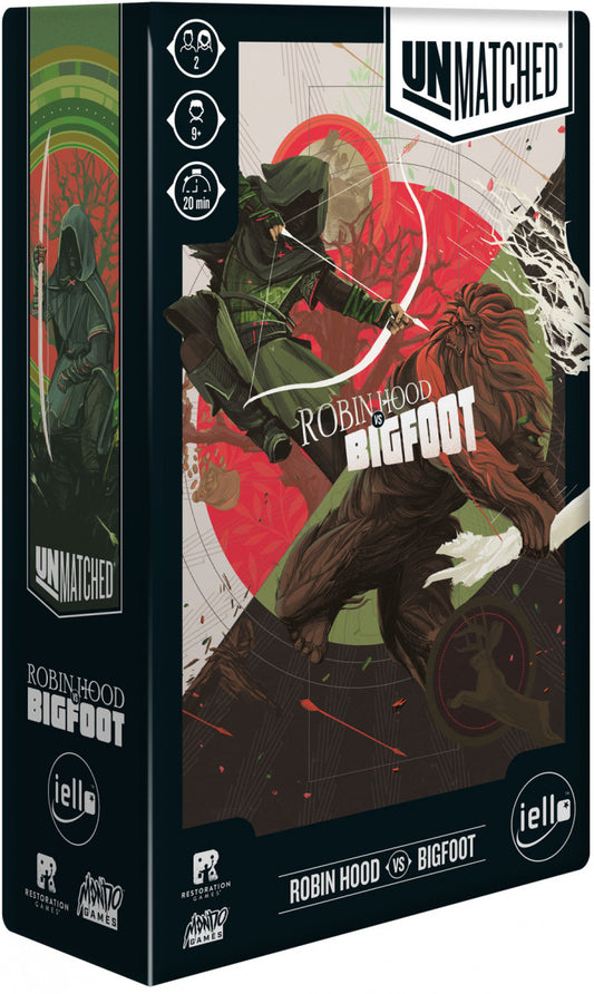 Board game box featuring Robin Hood and Bigfoot with 'Unmatched' branding.