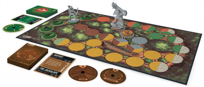 Board game setup with pieces and cards on a colorful board