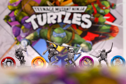 Teenage Mutant Ninja Turtles figurines with colorful background