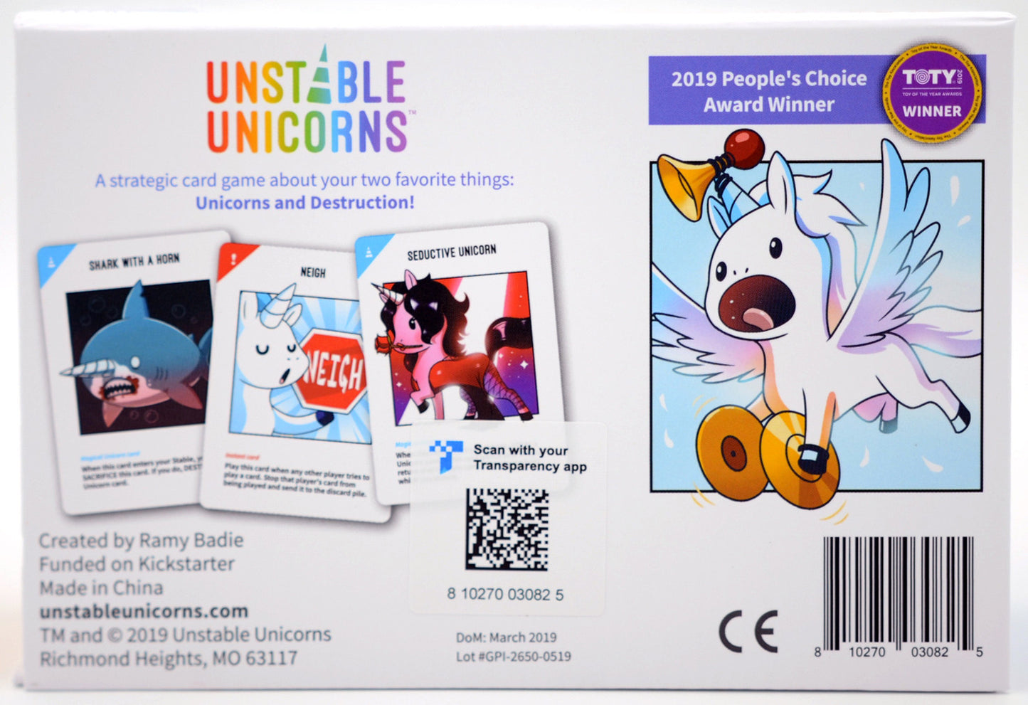 Unstable Unicorns card game back of box