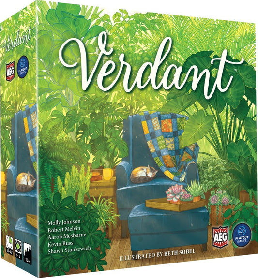 Board game box for 'Verdant' with lush greenery and a blue chair.