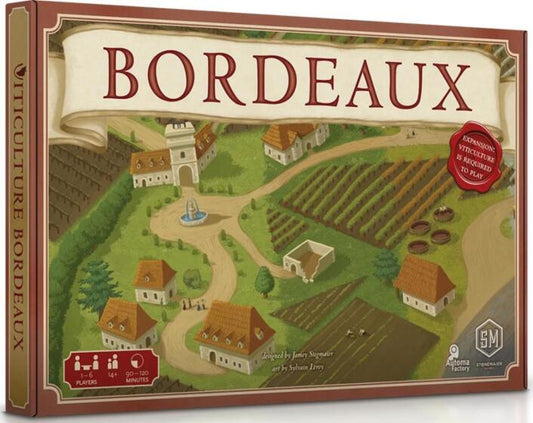 Board game box for 'Bordeaux' with illustrated layout and branding.
