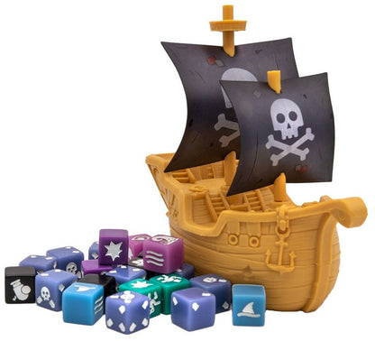 Pirate ship toy with dice on a white background