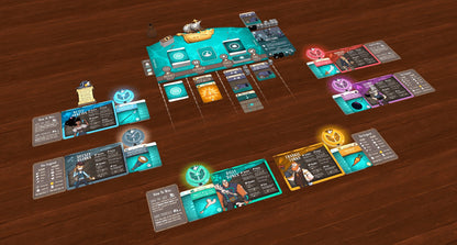 Board game components on a wooden table