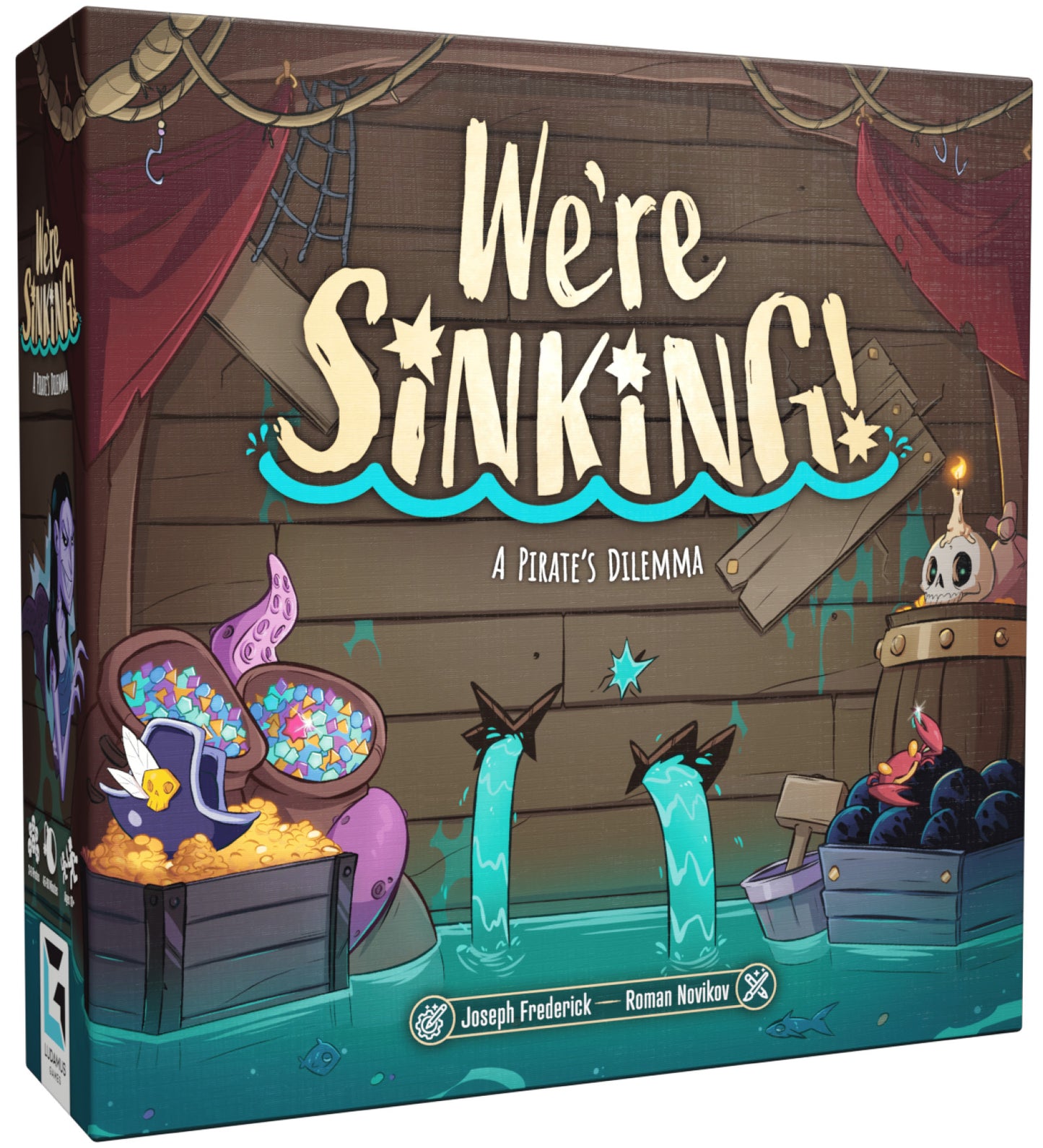 Board game box titled 'We're Sinking! A Pirate's Dilemma' with pirate-themed graphics.