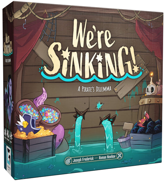 Board game box titled 'We're Sinking! A Pirate's Dilemma' with pirate-themed graphics.