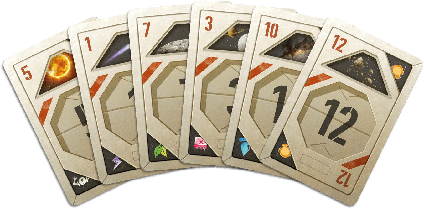 Welcome to the moon board game set of cards with numbers and space-themed designs on a white background