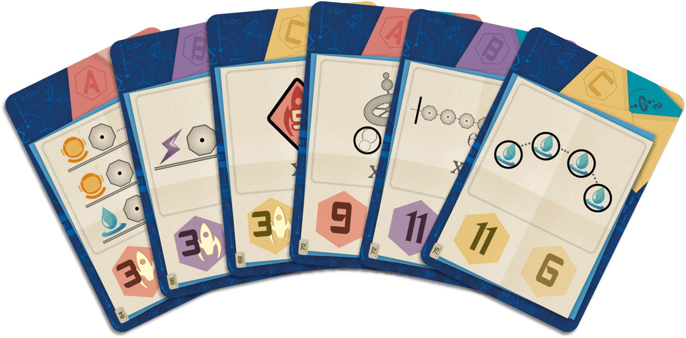 Set of card game cards from Welcome to the moon with various symbols and numbers on a white background