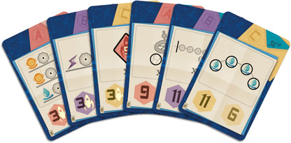 Set of card game cards from Welcome to the moon with various symbols and numbers on a white background
