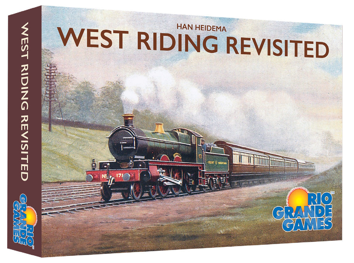 Board game box for 'West Riding Revisited' by Rio Grande Games featuring a steam train illustration.