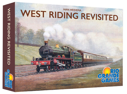 Board game box for 'West Riding Revisited' by Rio Grande Games featuring a steam train illustration.