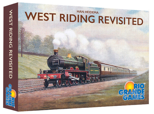Board game box for 'West Riding Revisited' by Rio Grande Games featuring a steam train illustration.