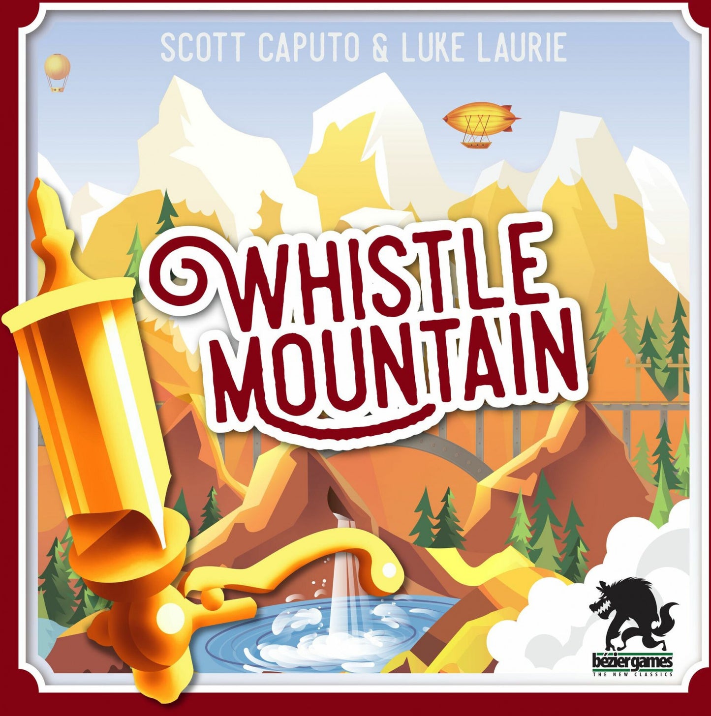 Board game box for 'Whistle Mountain' with mountain and hot air balloon design.
