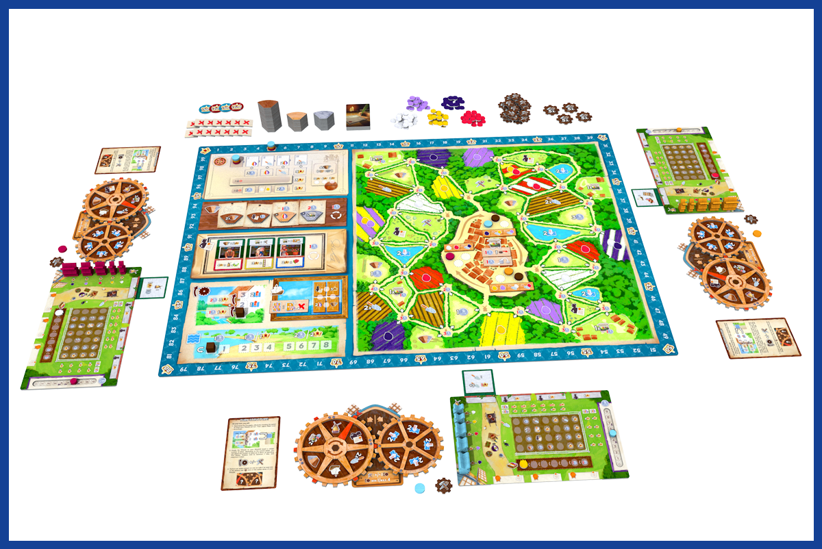 Windmill Valley board game with all components on the table