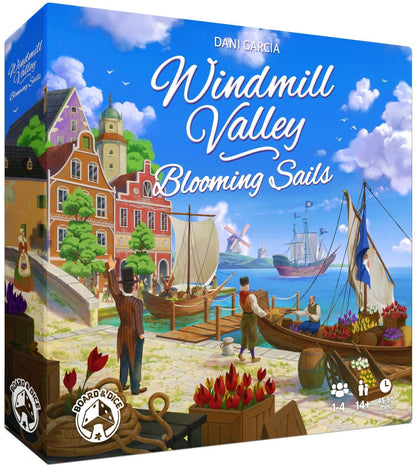 Board game box for 'Windmill Valley: Blooming Sails' with a colorful illustration of a coastal scene.