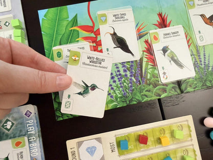Card game with bird-themed cards and a colorful game board