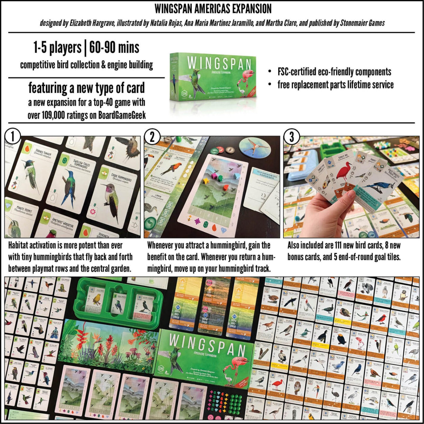 Wingspan Americas Expansion board game packaging with cards and components.
