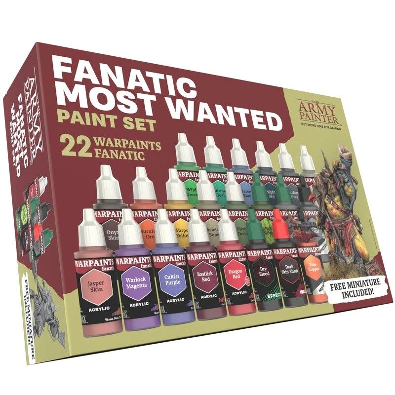 Box of 'Fanatic Most Wanted' paint set by The Army Painter with various paint bottles displayed.