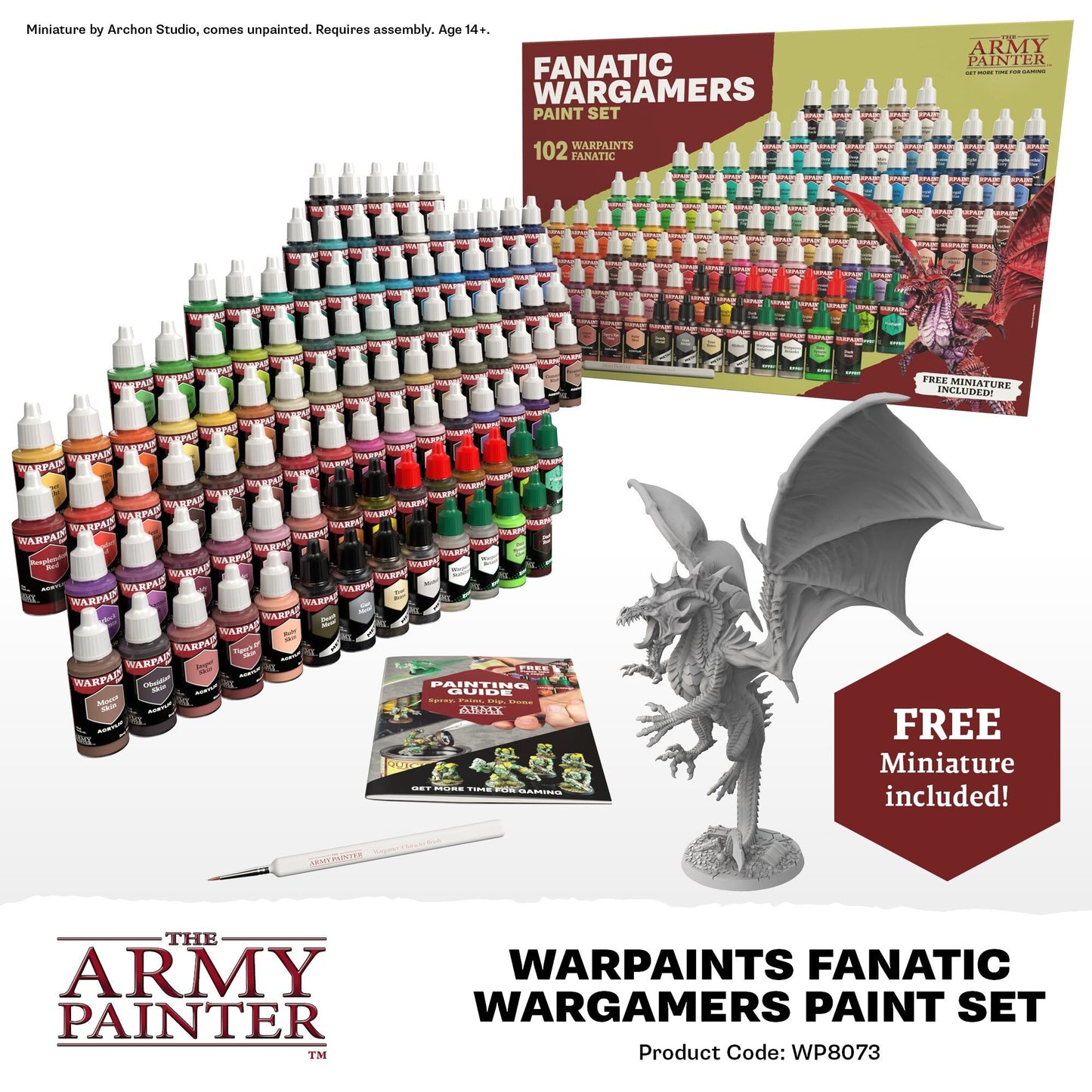 Warpaints Fanatic Wargamers Paint Set by The Army Painter with paint bottles, a dragon miniature, and packaging.
